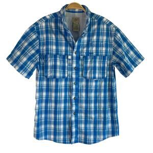 L. L. Bean Fishing Shirt Men Size S Blue Plaid Short Sleeve Outdoor Camp Vented